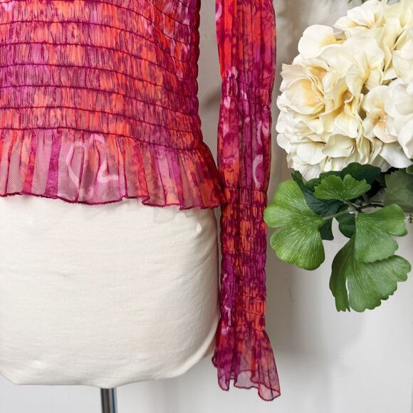 Free People Hello There sheer ruched mock-neck top red orange mesh | medium - Picture 5 of 13